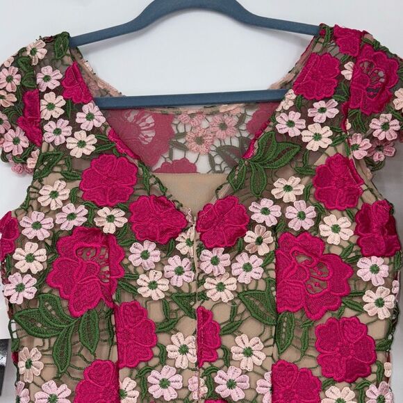 NEW XSCAPE Women's Short Sleeve‎ Floral Print Lace Sheath Dress Pink Multi 4 - Picture 9 of 16